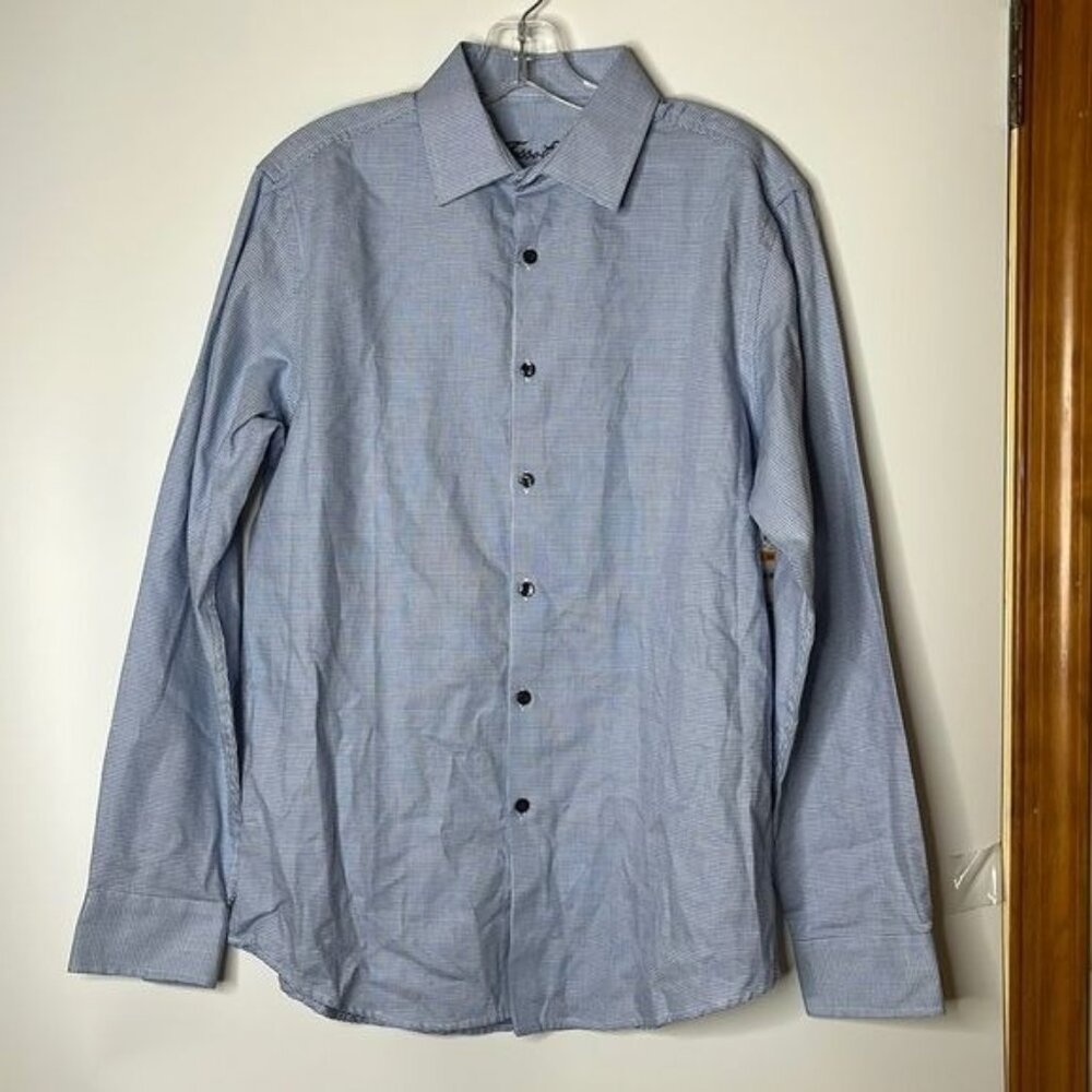 NWT Tasso Elba Mens Blue 100% Cotton Long Sleeve Patterned Dress Shirt S SMALL